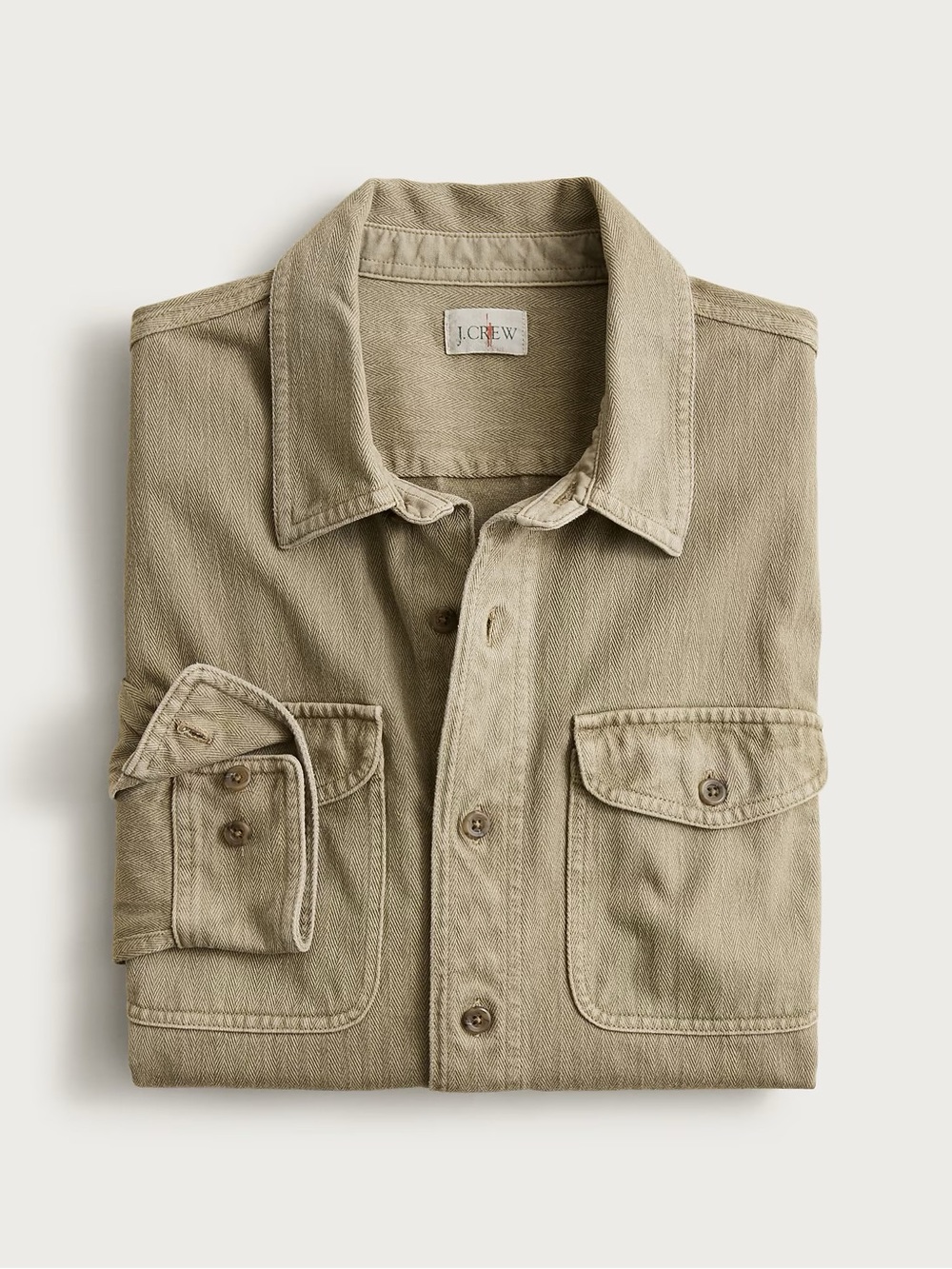 J. CREW Herringbone
workshirt in cotton in Surplus Khaki Size M NWT $98 CR411